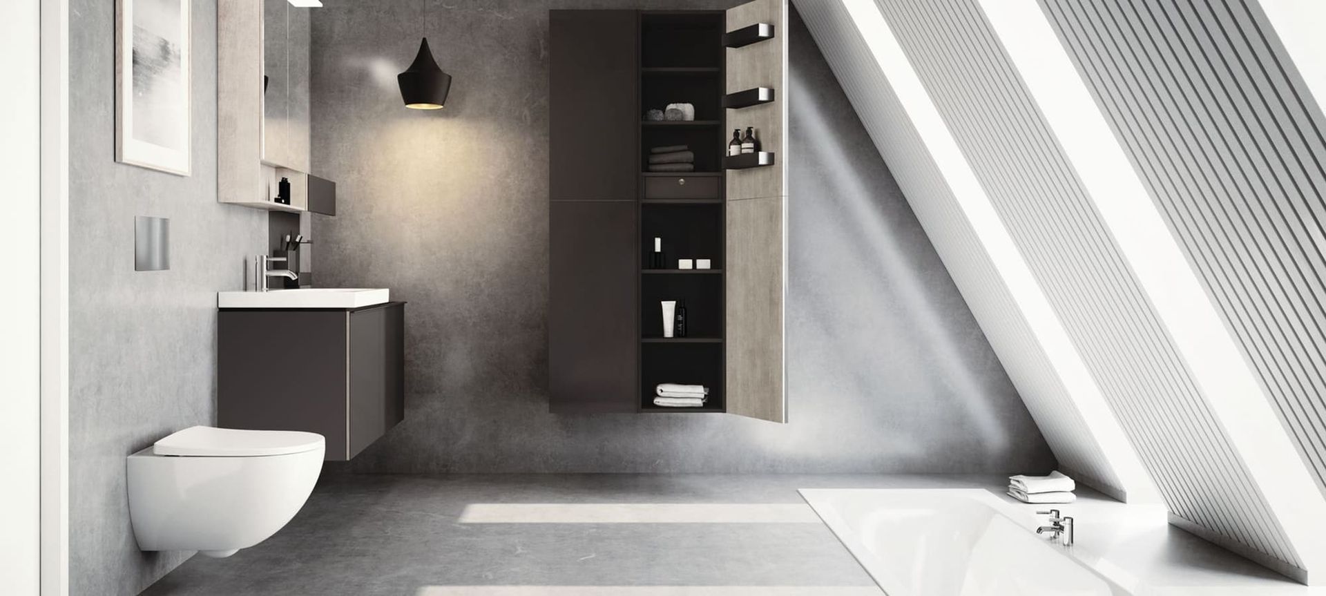 Bild eines Badezimmers mit grauen Fliesen
